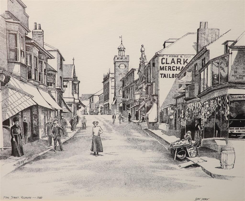 Gyn Horn, cartoonist, artist & illustrator, pen and ink, Fore Street, Redruth 1900, Cornwall, signed, 22 x 27cm